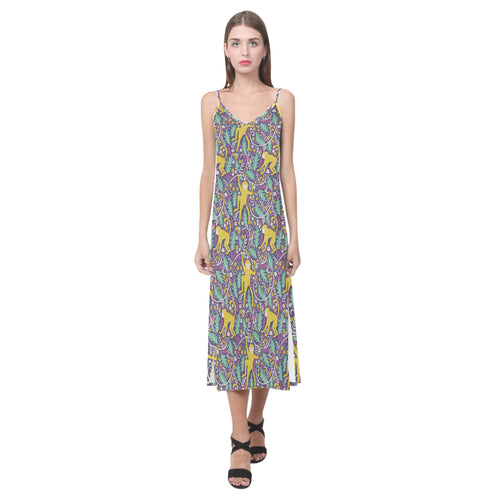 Cute yellow monkey leaves pattern V-Neck Open Fork Long Dress