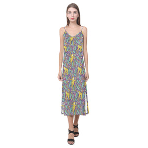 Cute yellow monkey leaves pattern V-Neck Open Fork Long Dress