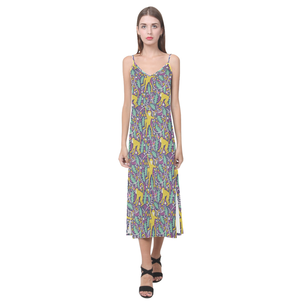 Cute yellow monkey leaves pattern V-Neck Open Fork Long Dress