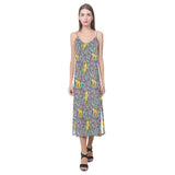 Cute yellow monkey leaves pattern V-Neck Open Fork Long Dress