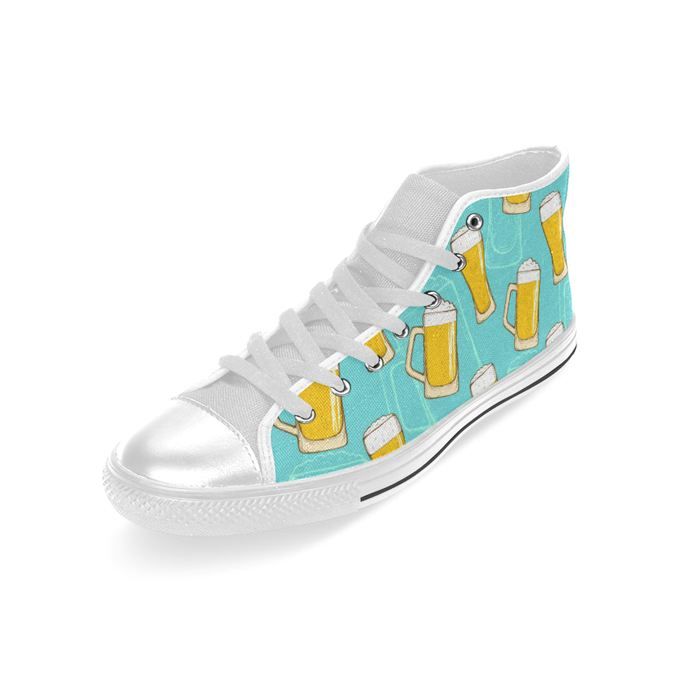 Beer pattern green background Men's High Top Canvas Shoes White