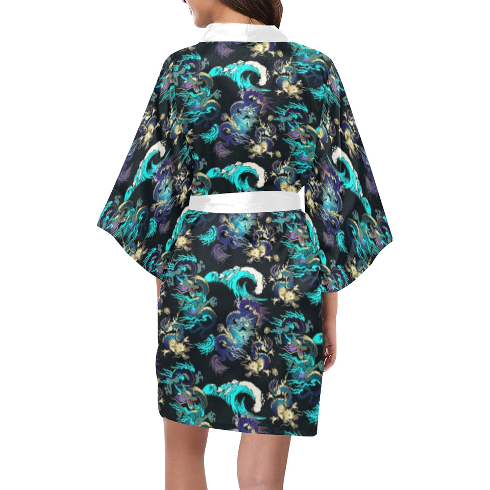 Dragon sea wave pattern Women's Short Kimono Robe