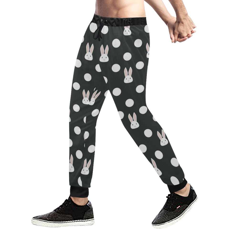 Cute white rabbit polka dots black background Unisex Casual Sweatpants