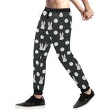 Cute white rabbit polka dots black background Unisex Casual Sweatpants