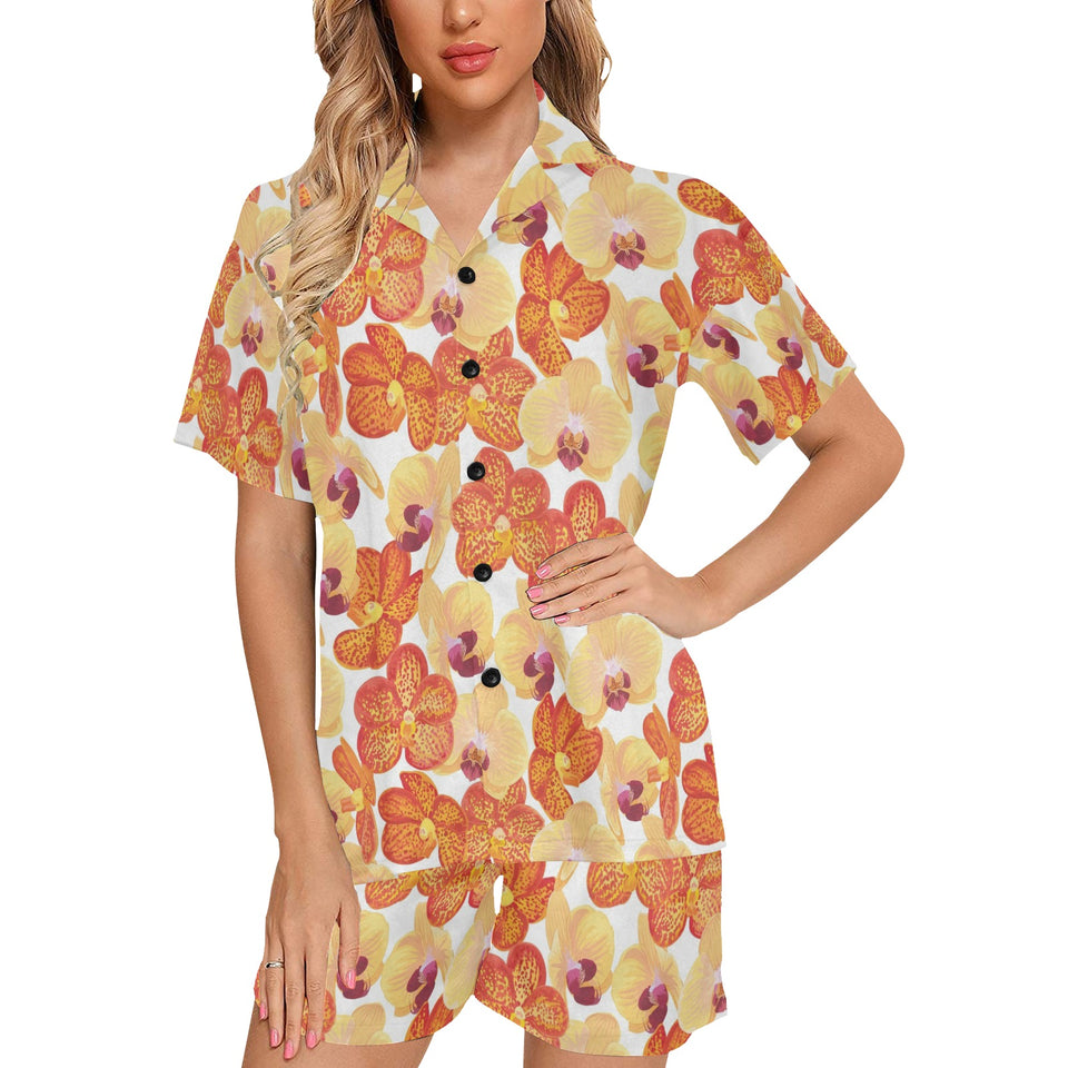 Orange yellow orchid flower pattern background Women's V-Neck Short Pajama Set