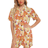 Orange yellow orchid flower pattern background Women's V-Neck Short Pajama Set