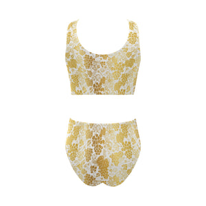 Gold grape pattern Chest Bowknot High Waisted Bikini Swimsuit