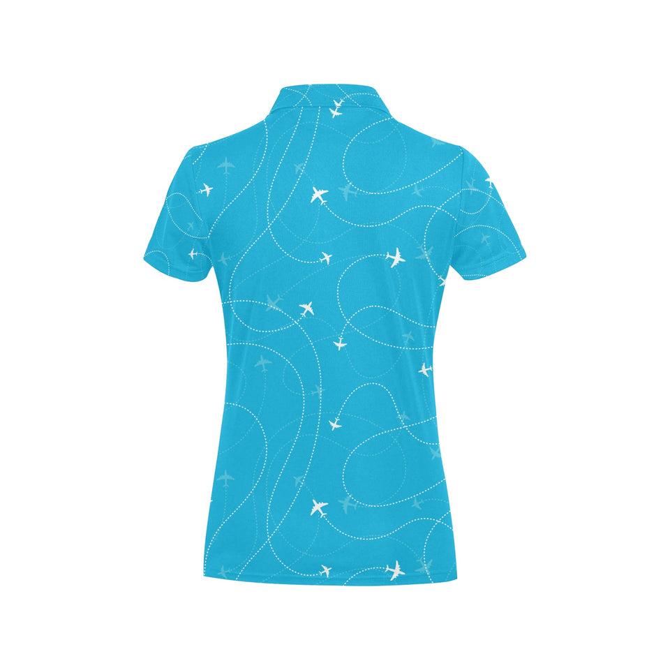 Airplane destinations blue background Women's All Over Print Polo Shirt