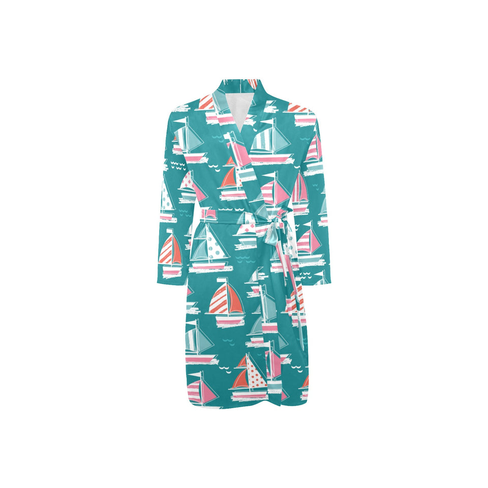 Cute sailboat pattern Men's Long Sleeve Belted Night Robe