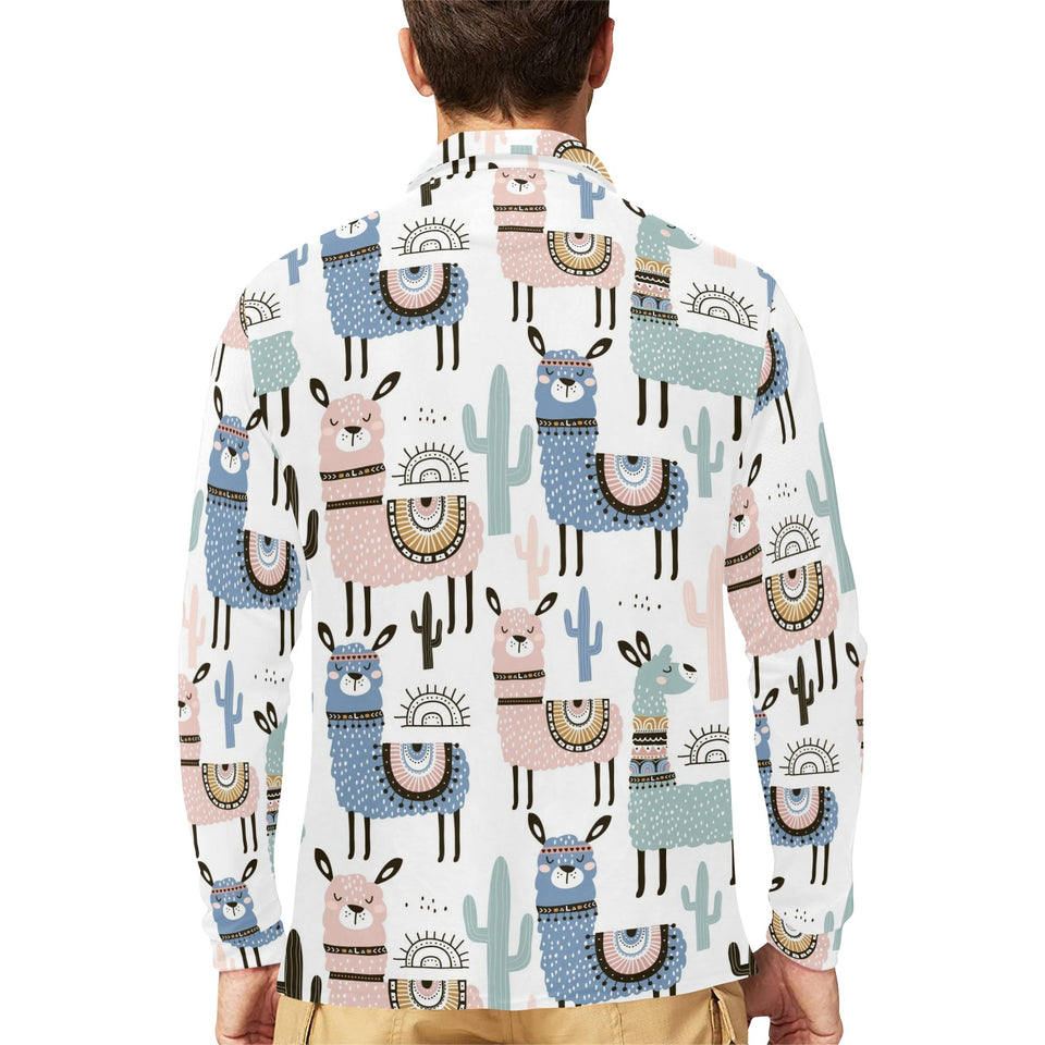 lama Alpaca cactus hand drawn pattern Men's Long Sleeve Polo Shirt