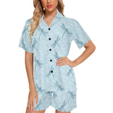 Dragonfly pattern blue background Women's V-Neck Short Pajama Set