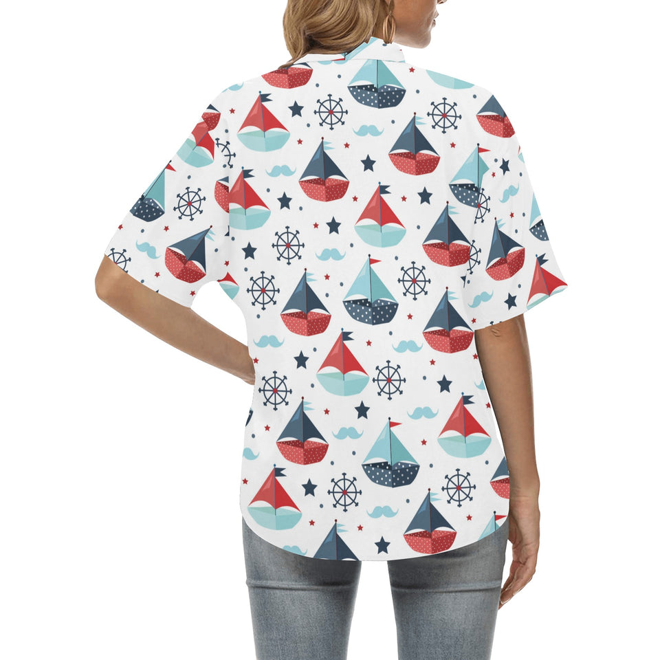Cute color paper sailboat pattern Women's All Over Print Hawaiian Shirt