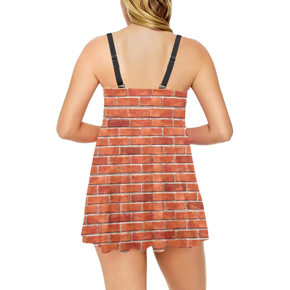Brick Printed Pattern Print Design 03 Chest Sexy Pleated Two Piece Swim Dress