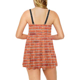 Brick Printed Pattern Print Design 03 Chest Sexy Pleated Two Piece Swim Dress