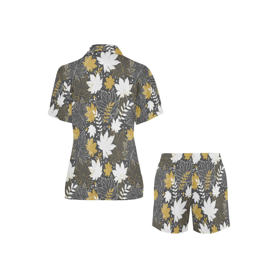 Beautiful gold autumn maple leaf pattern Women's V-Neck Short Pajama Set