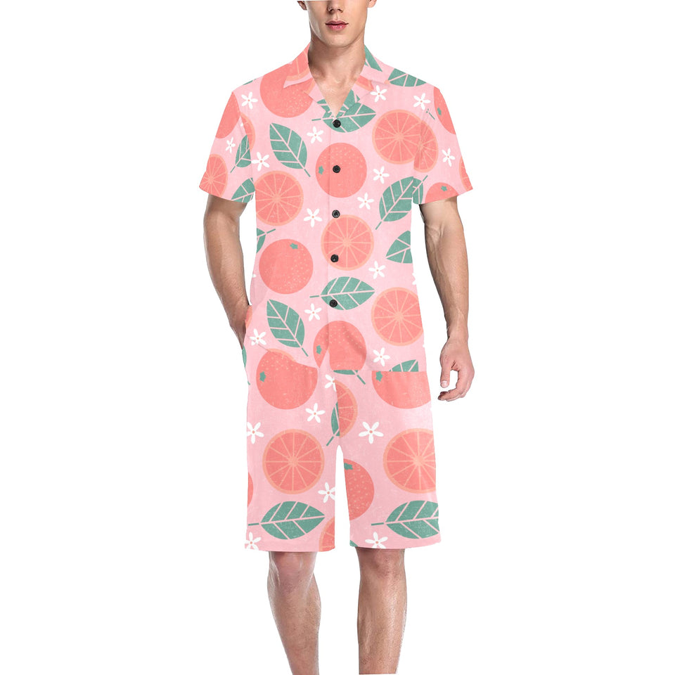 Grapefruit leaves flower pink background Men's V-Neck Short Pajama Set