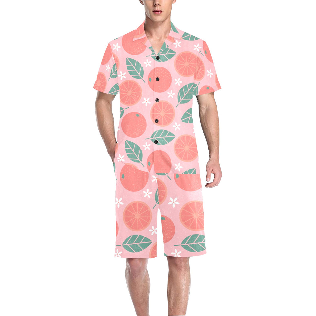 Grapefruit leaves flower pink background Men's V-Neck Short Pajama Set
