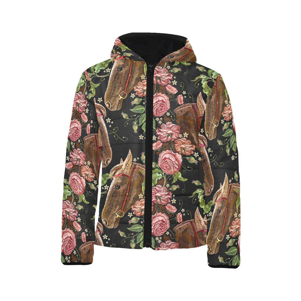 Horse head wild roses pattern Kids' Boys' Girls' Padded Hooded Jacket