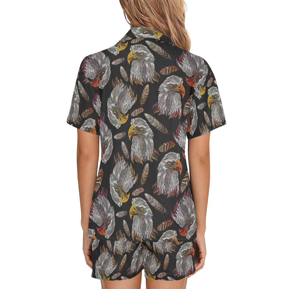 Eagle Pattern Print Design 05 Women's V-Neck Short Pajama Set