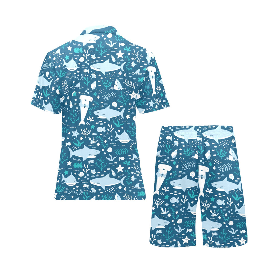 Cute shark pattern Men's V-Neck Short Pajama Set