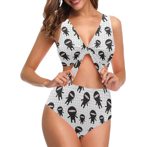 Ninja pattern plaid background Chest Bowknot High Waisted Bikini Swimsuit