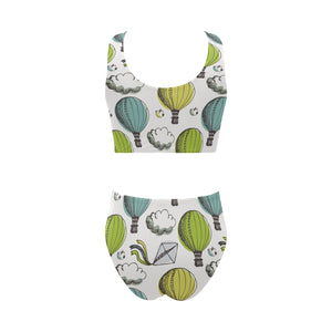Hot Air Balloon Bird Cloud Pattern Chest Bowknot High Waisted Bikini Swimsuit