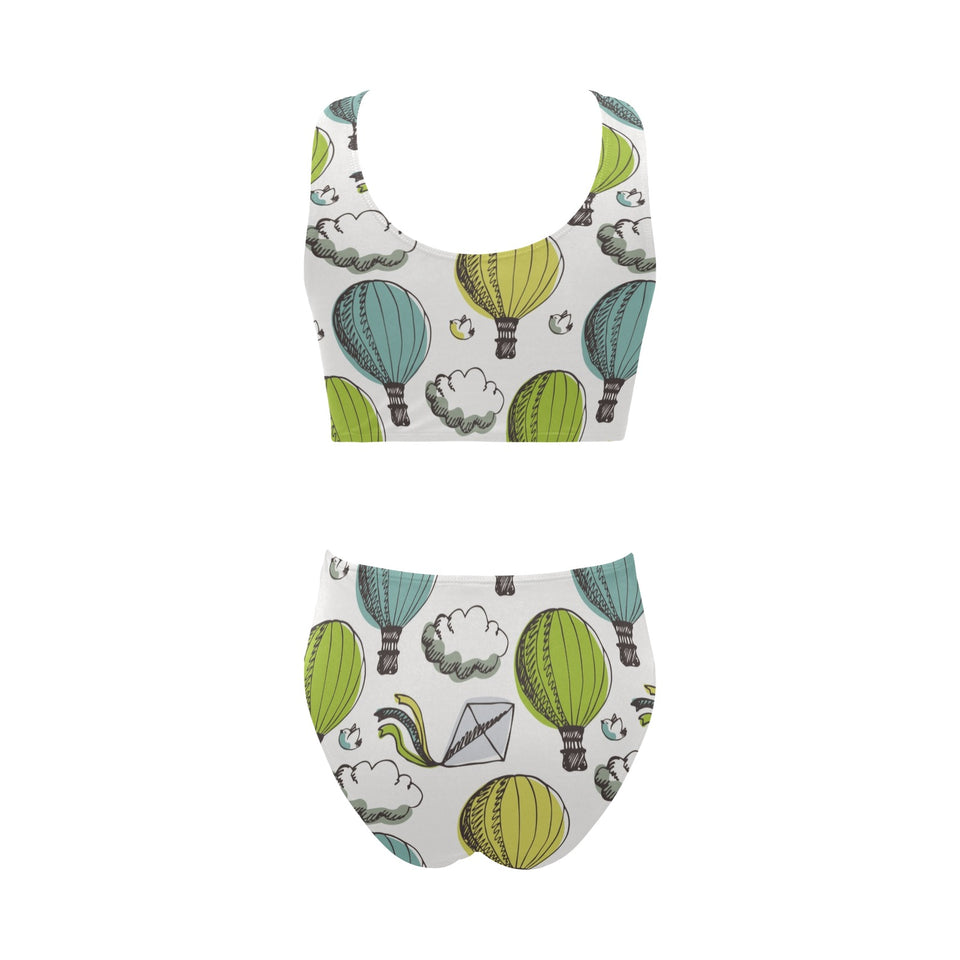 Hot Air Balloon Bird Cloud Pattern Chest Bowknot High Waisted Bikini Swimsuit