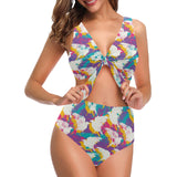 Colorful crow illustration pattern Chest Bowknot High Waisted Bikini Swimsuit