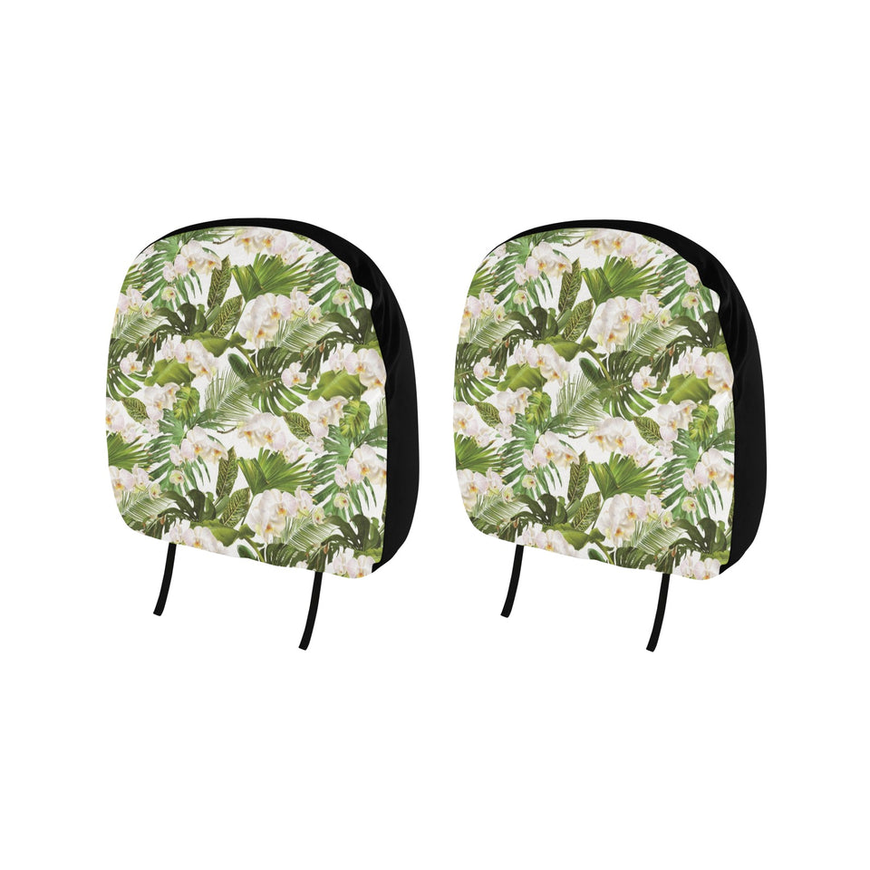 White orchid flower tropical leaves pattern Car Headrest Cover