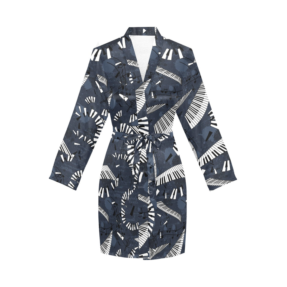 Piano Pattern Print Design 02 Women's Long Sleeve Belted Night Robe
