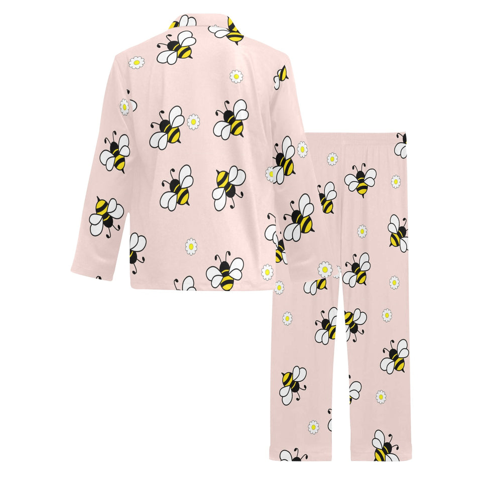 Cute bee flower pattern pink background Men's Long Pajama Set