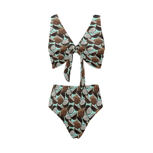 Coconut Pattern Print Design 03 Chest Bowknot High Waisted Bikini Swimsuit