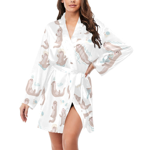 Cute sea otters pattern Women's Long Sleeve Belted Night Robe