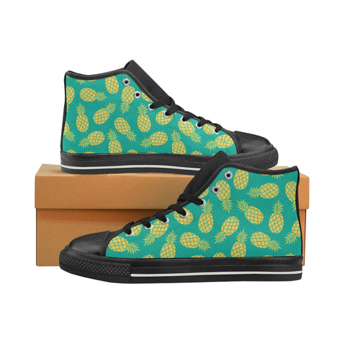 Pineapples pattern green background Women's High Top Canvas Shoes Black