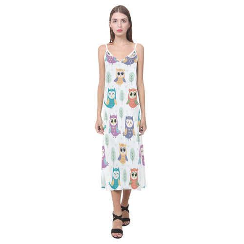 Cute owl pattern V-Neck Open Fork Long Dress