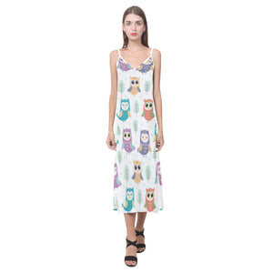 Cute owl pattern V-Neck Open Fork Long Dress