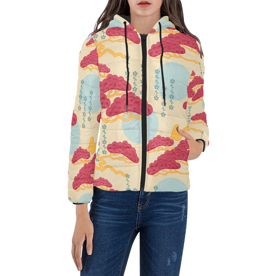Red Bonsai gray sun japanese pattern Women's Padded Hooded Jacket
