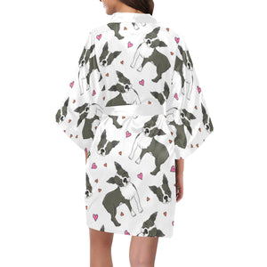 Boston terrier dog hearts vector pattern Women's Short Kimono Robe