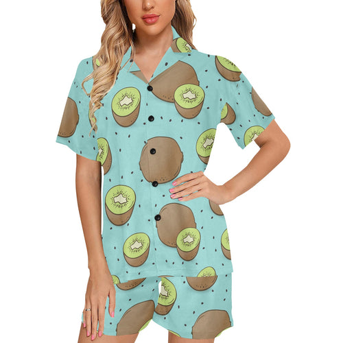 Kiwi blue background Women's V-Neck Short Pajama Set