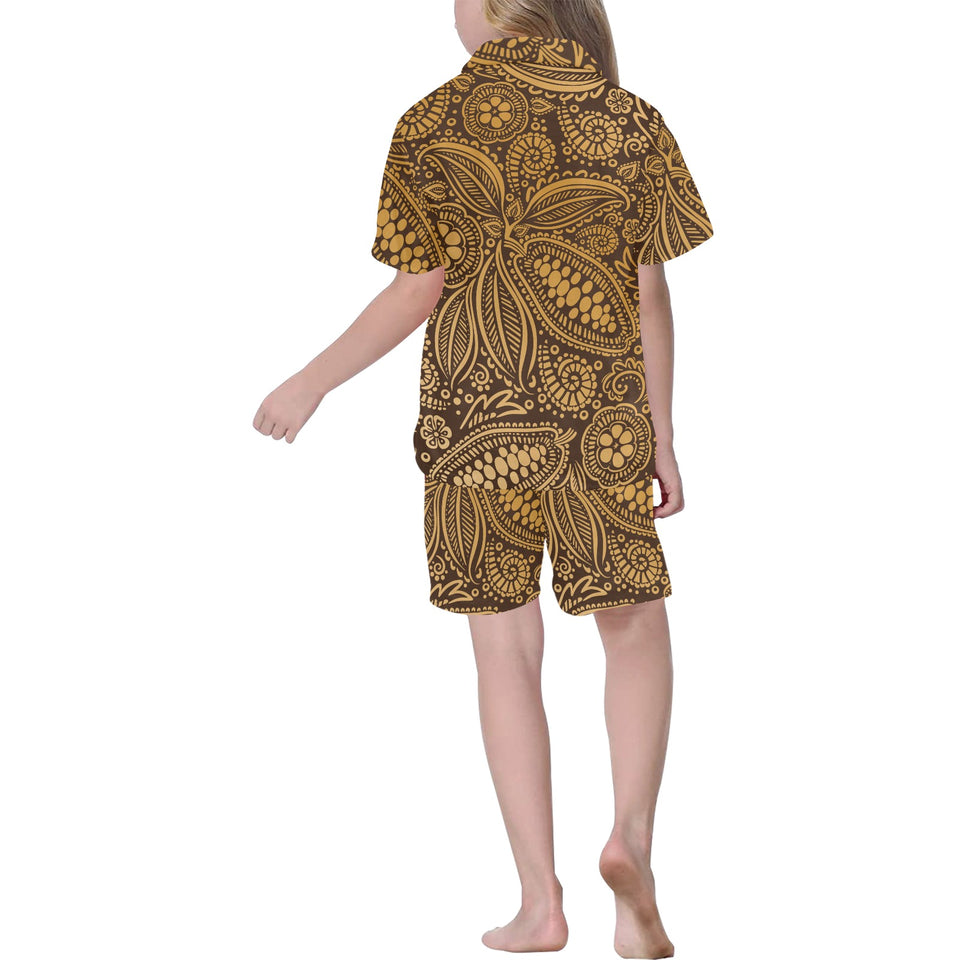 cacao beans tribal polynesian pattern background Kids' Boys' Girls' V-Neck Short Pajama Set