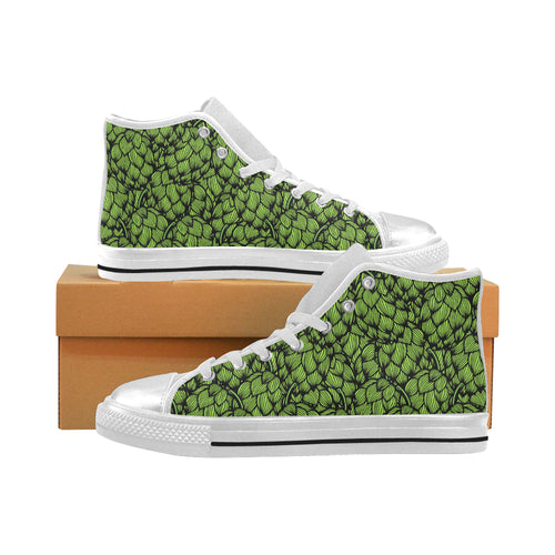 Green hop pattern Women's High Top Canvas Shoes White