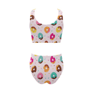 Donut pattern glaze pink background Chest Bowknot High Waisted Bikini Swimsuit