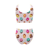 Donut pattern glaze pink background Chest Bowknot High Waisted Bikini Swimsuit