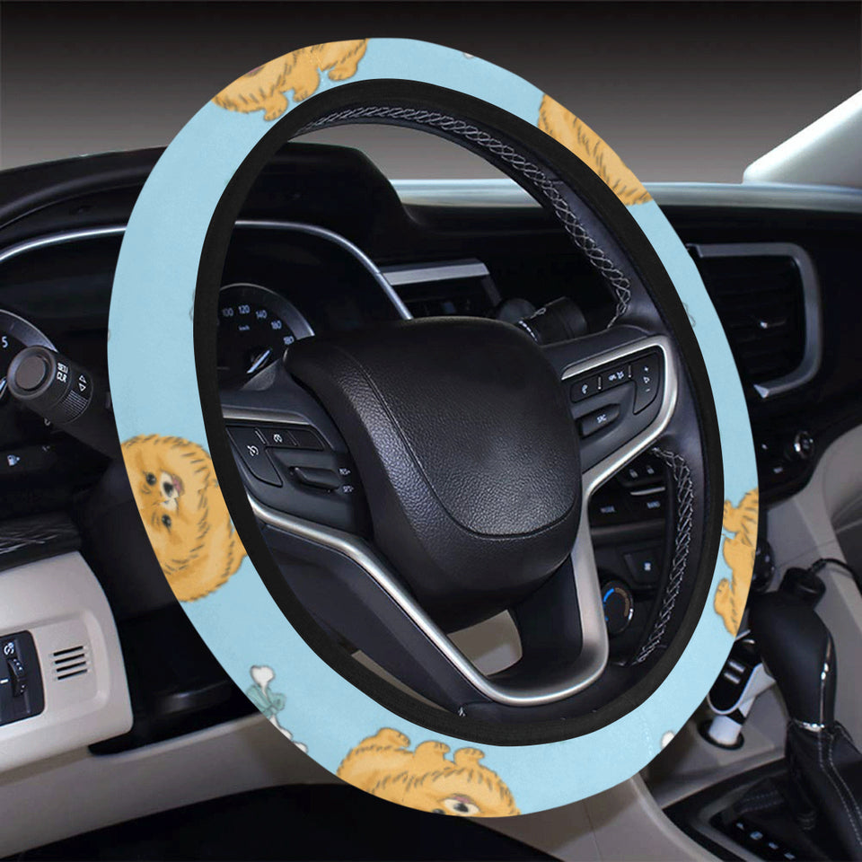 Brown cute pomeranian blue blackground Car Steering Wheel Cover