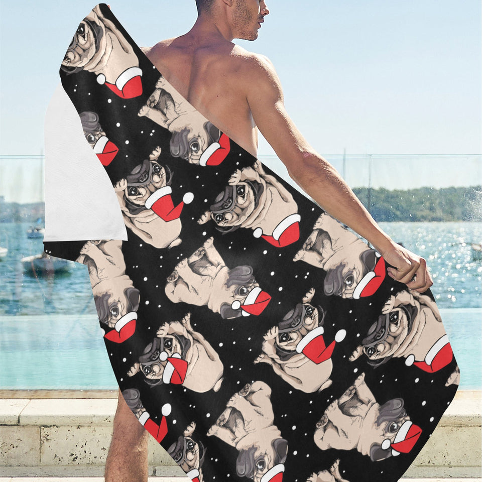 Christmas Pugs Santa_s red cap pattern Beach Towel