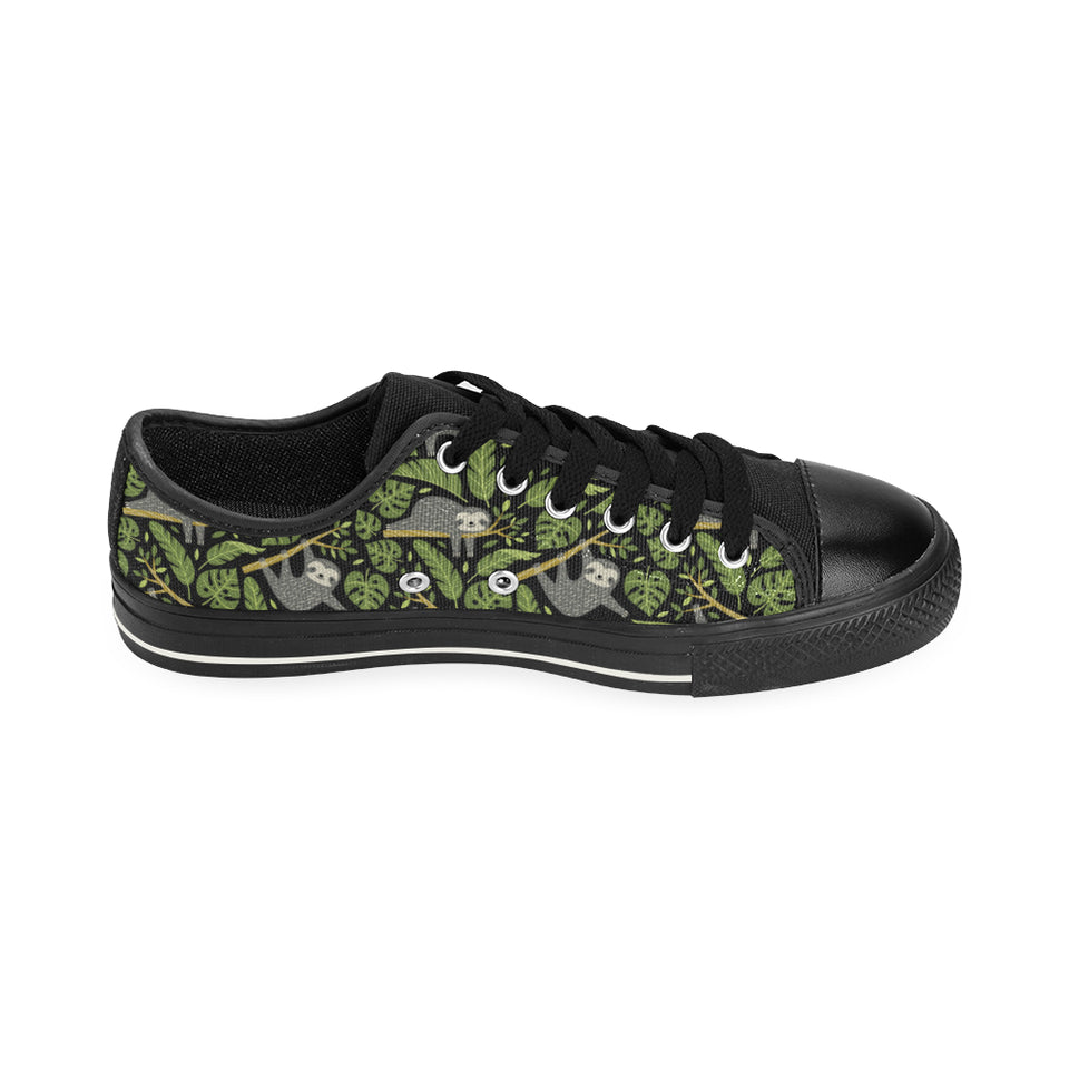 Cute sloths tropical palm leaves black background Men's Low Top Canvas Shoes Black