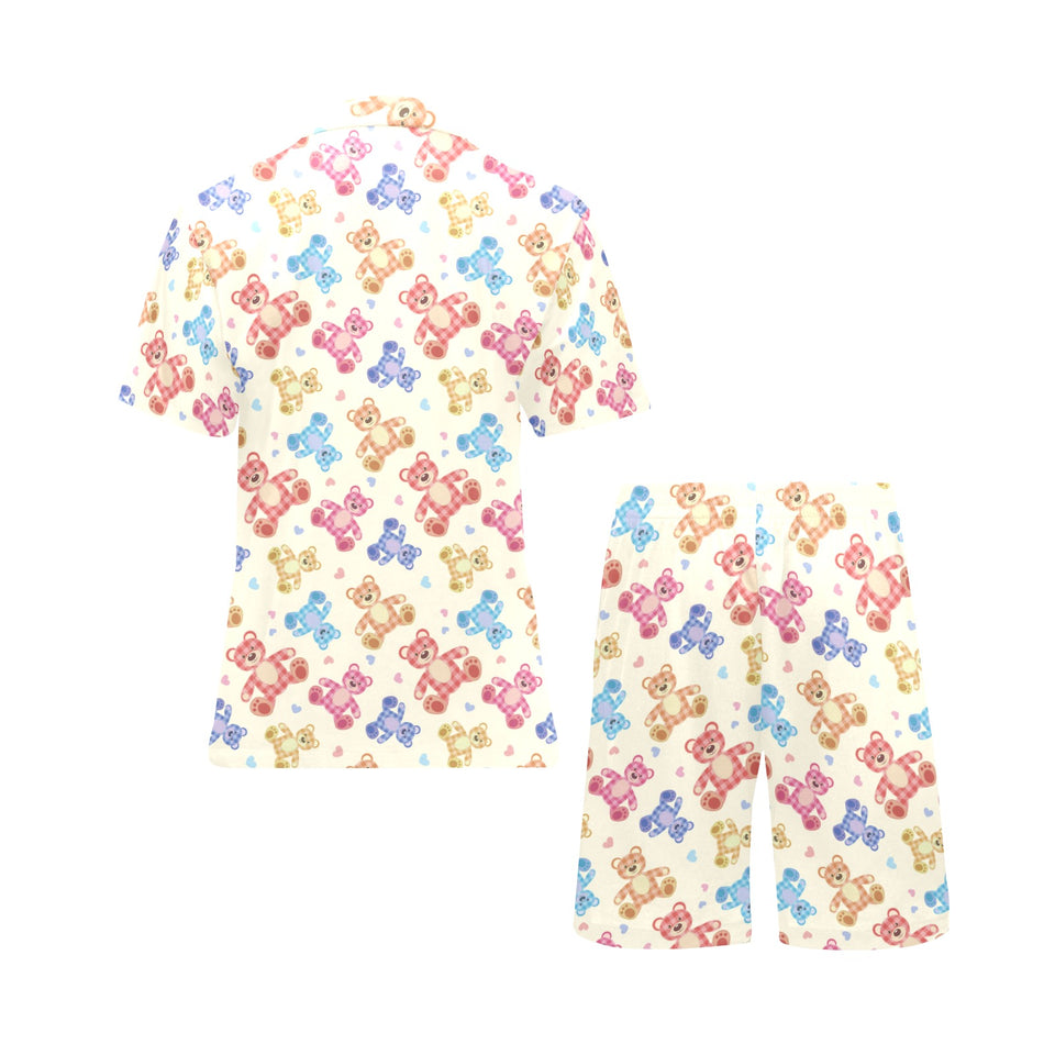 Teddy Bear Pattern Print Design 05 Men's V-Neck Short Pajama Set