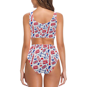 British Pattern Print Design 01 Chest Bowknot High Waisted Bikini Swimsuit