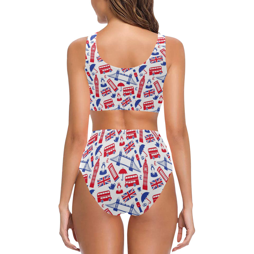 British Pattern Print Design 01 Chest Bowknot High Waisted Bikini Swimsuit