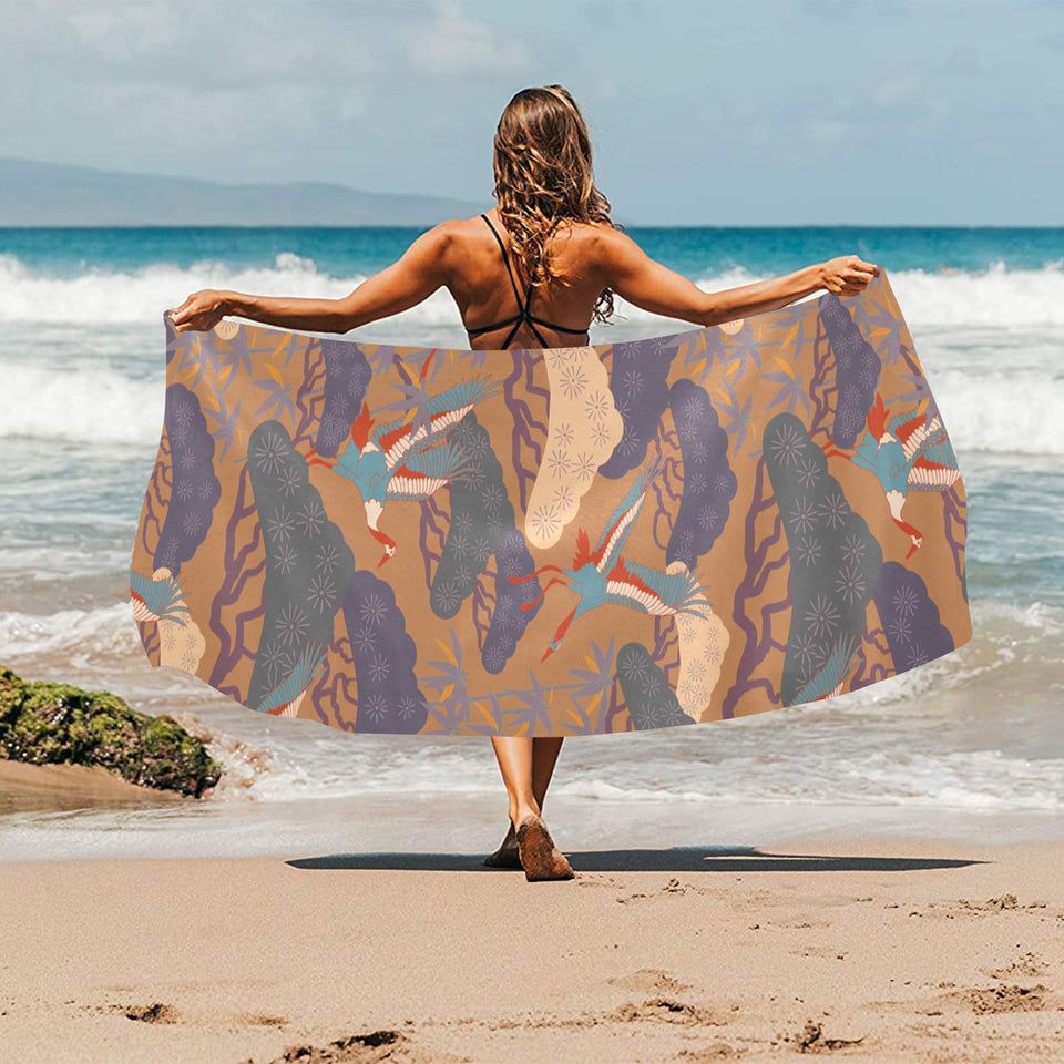 Bonsai bamboo stork japanese pattern brown theme Beach Towel